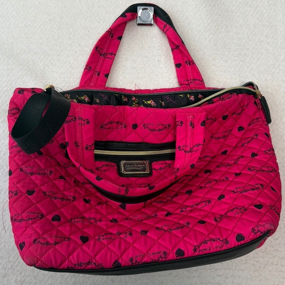 Betsey Johnson Weekender Hot Pink Quilted Heart Print Tote Bag Crossbody Large